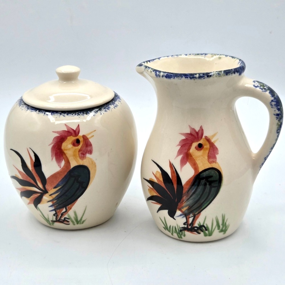 Emerson Creek Pottery Rooster Creamer and Sugar with Lid Hand Painted VINTAGE